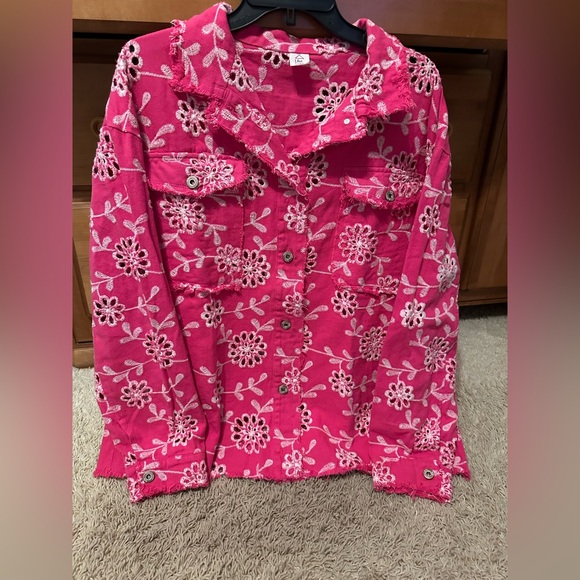 SEW IN LOVE HOT PINK EMBROIDERED DENIM - Picture 2 of 5